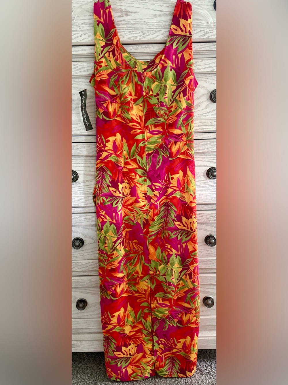 Vintage NWT Tropical Side Drape Maxi Dress Vibrant Colorful Palm Print (Size 10) - Picture 2 of 5